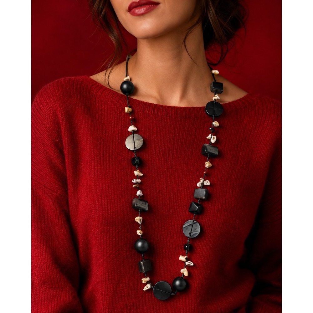 Chunky Black Geometric Bead & Shell Long‎ Strand Necklace Hand Knotted Lagenlook